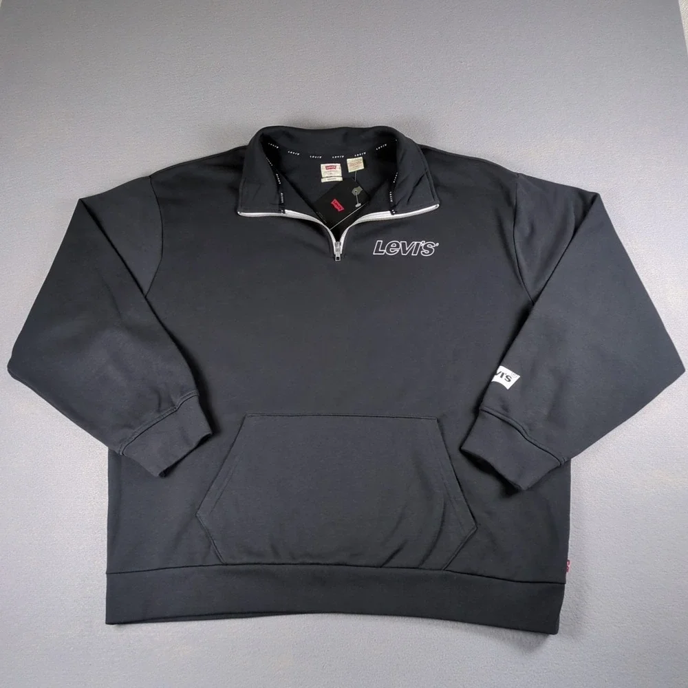 Levis 1/4 Zip Sweater Mens Extra Large Black Pullover Mock Neck Kangaroo Pocket